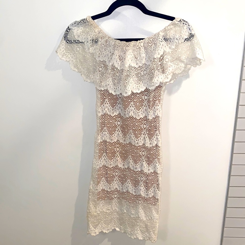 Off the shoulder, fitted, white lace mini dress